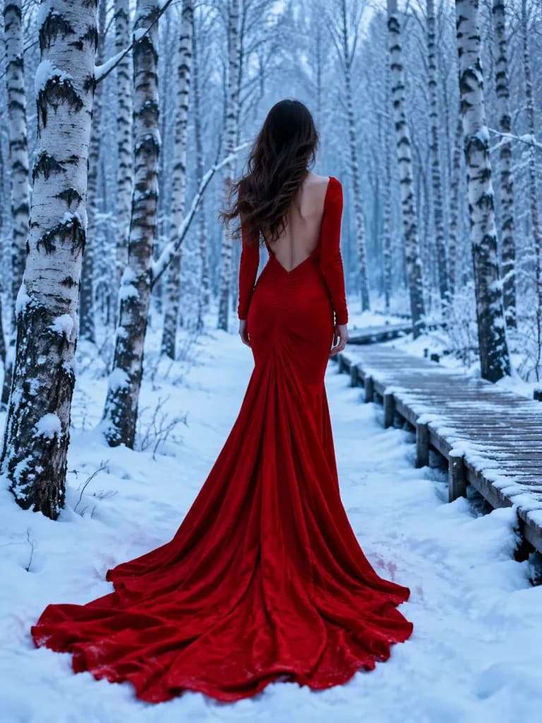 Red Dress in Snowy Birch Forest