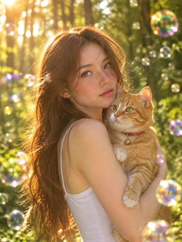 猫とシャボン玉が舞う夕暮れポートレート