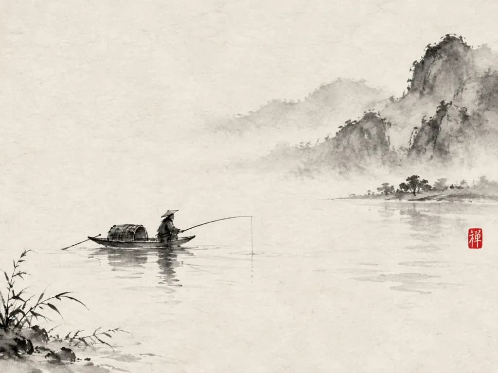 Minimalist Ink Wash Lone Fisherman