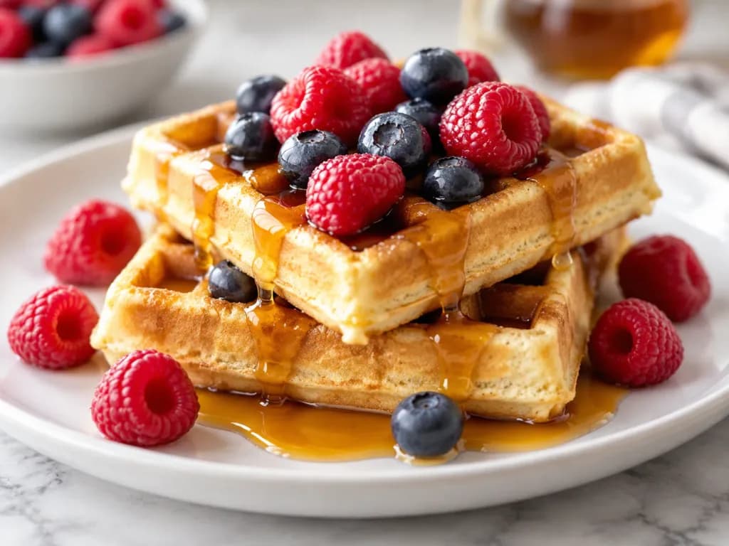 Golden Belgian Waffles with Berries and Syrup
