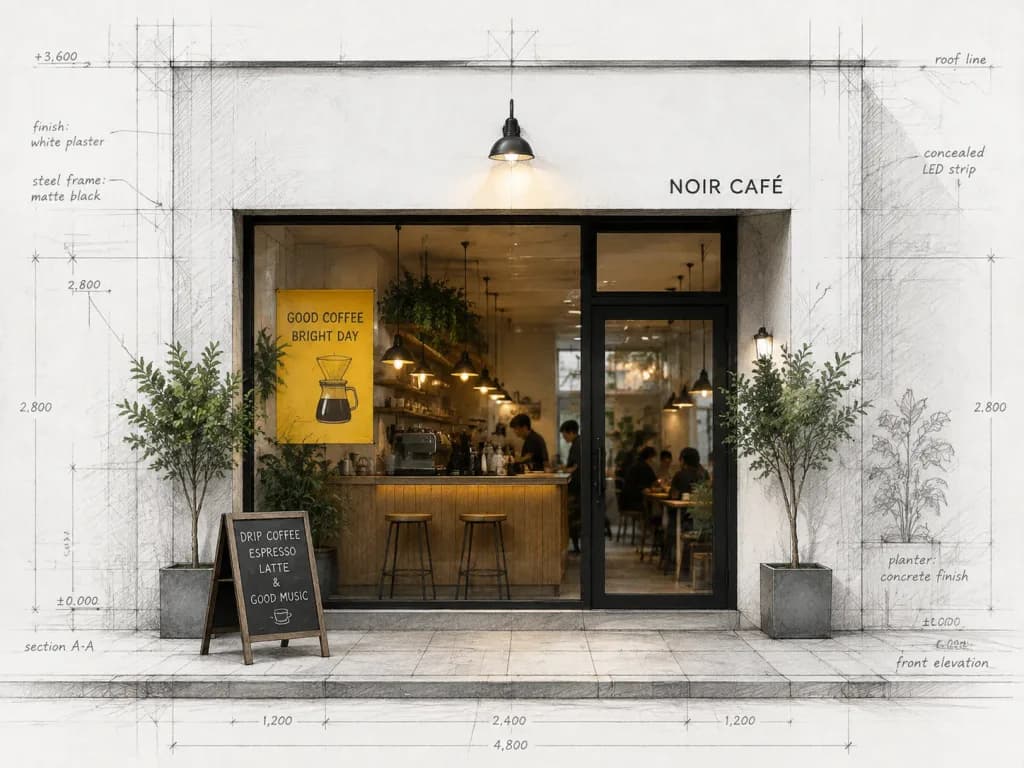 Architectural Café Facade Sketch to Reality