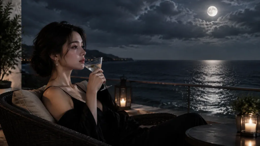 海辺のテラスのメランコリックな夜景ポートレート