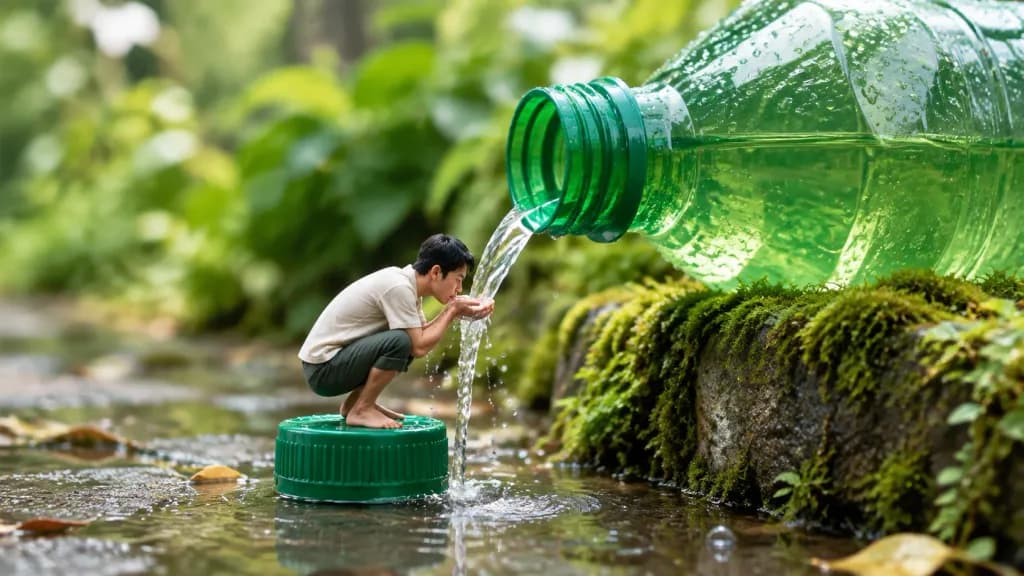 Miniature Man Drinking Giant Water Bottle
