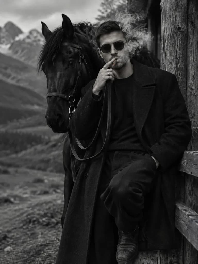 Monochrome Portrait with Black Horse and Cigar