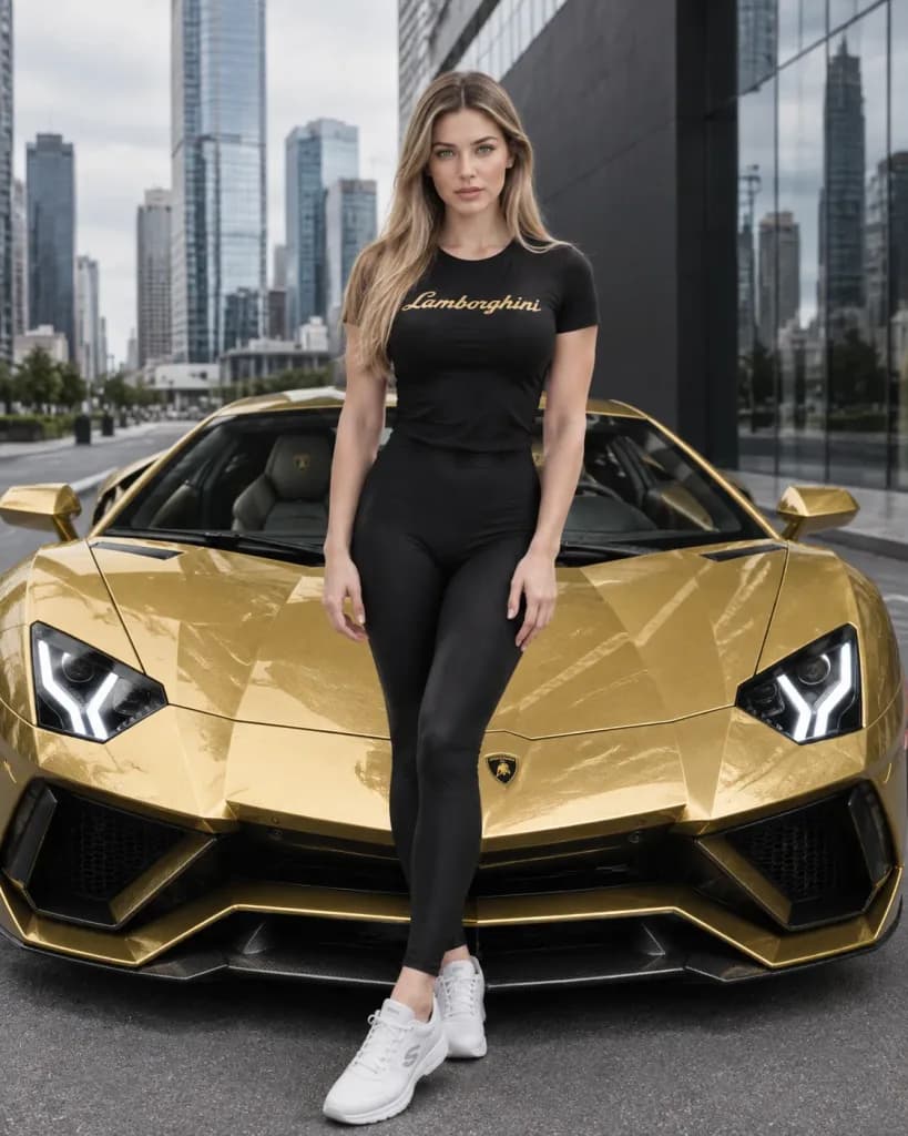 Model Neben Goldenem Lamborghini Aventador