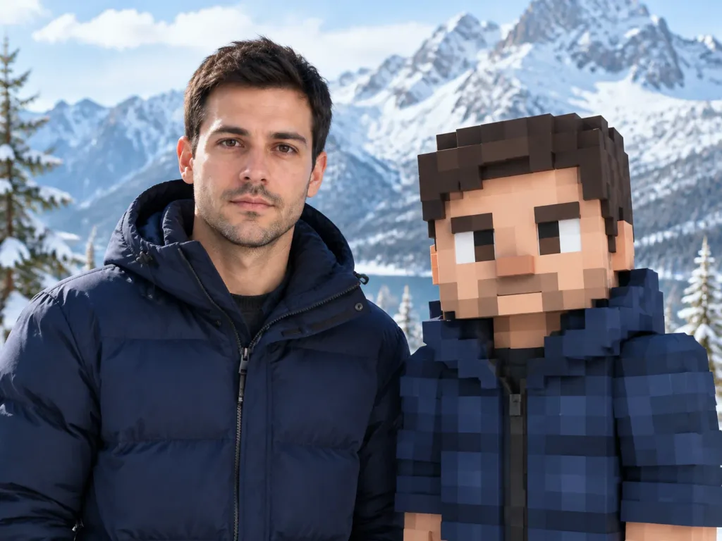Winterporträt mit Minecraft-Voxel-Zwilling