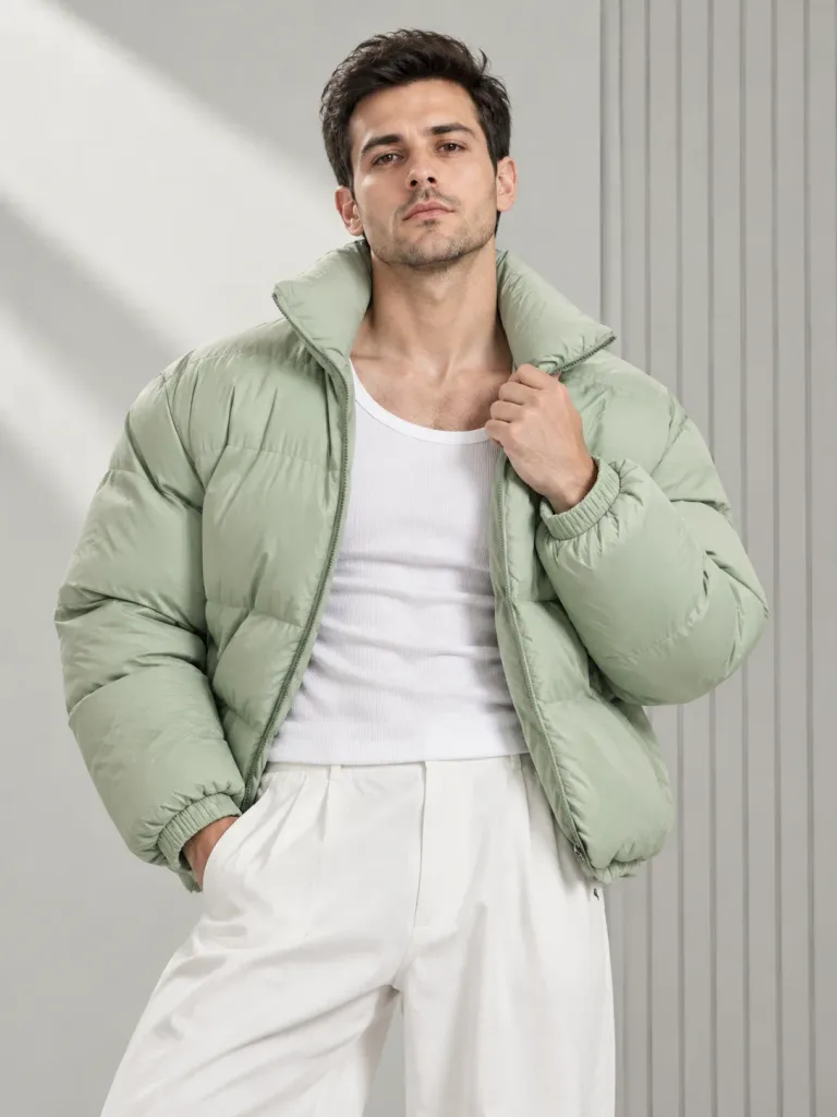 Editorial Runway Pose in Pastel Puffer