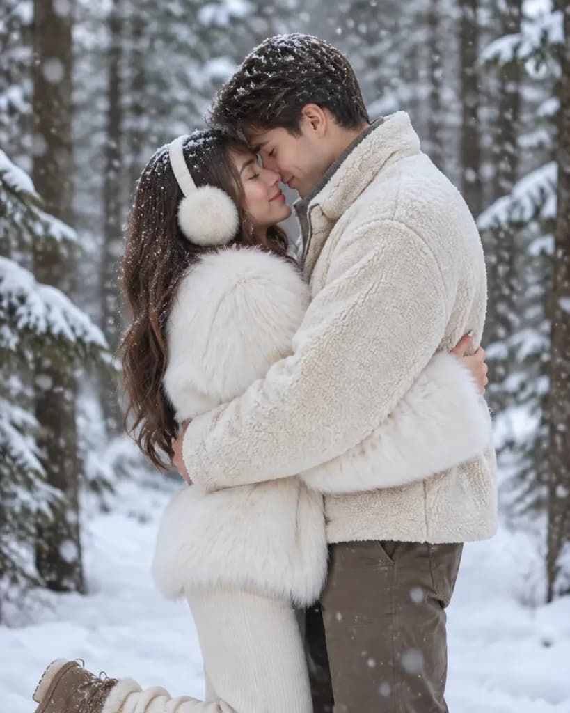 雪の森で抱き合う冬のロマンス
