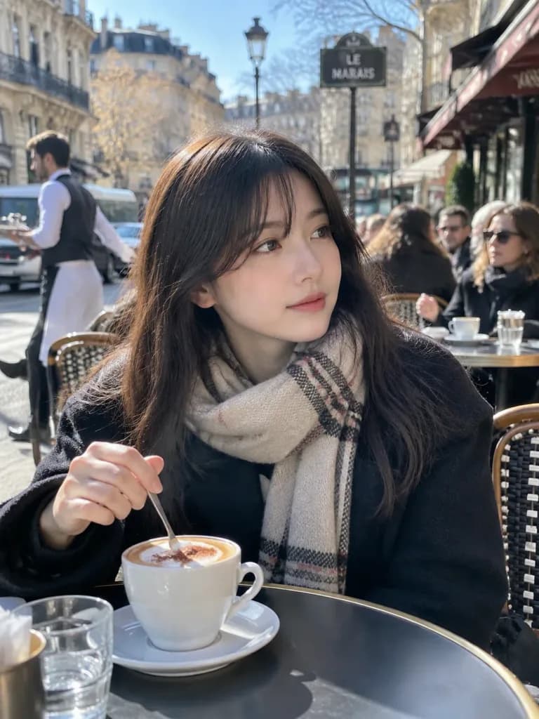 パリのカフェでの朝のスナップポートレート