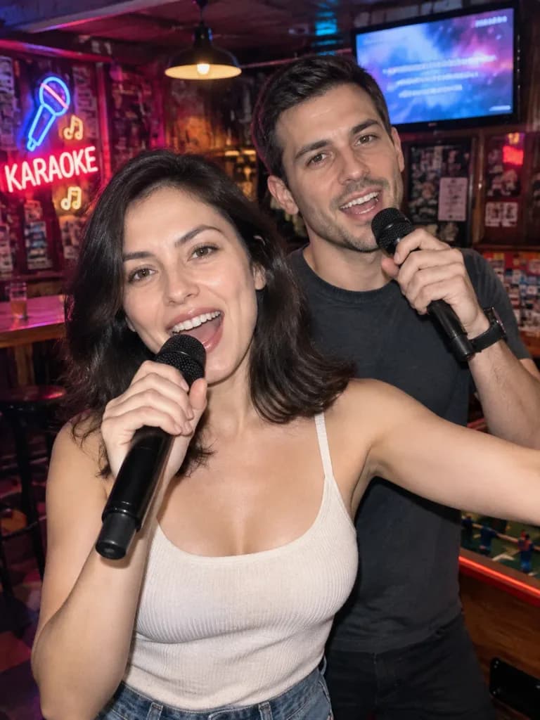 Candid Flash Karaoke Duet in Dive Bar