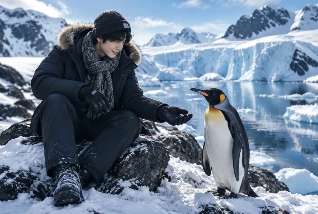 南極でキングペンギンと出会う青年