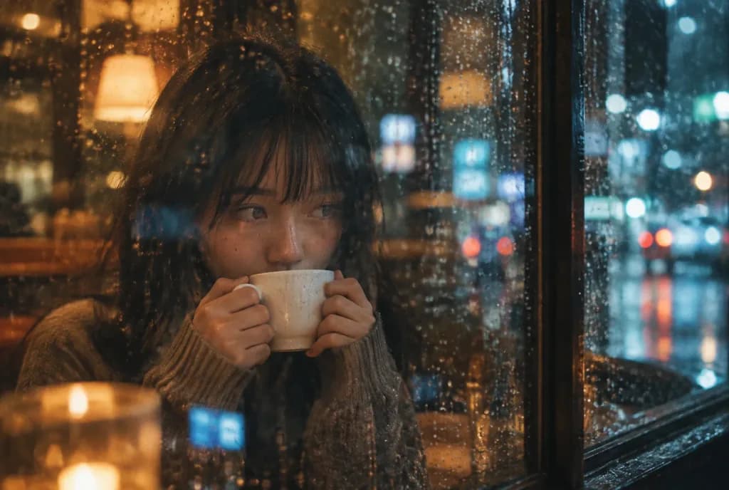 雨の夜のカフェの窓辺に佇む女性