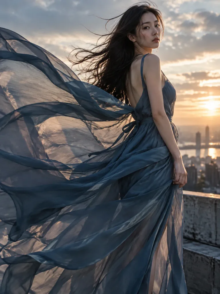 Portret editorialowy high fashion z ruchem tkaniny