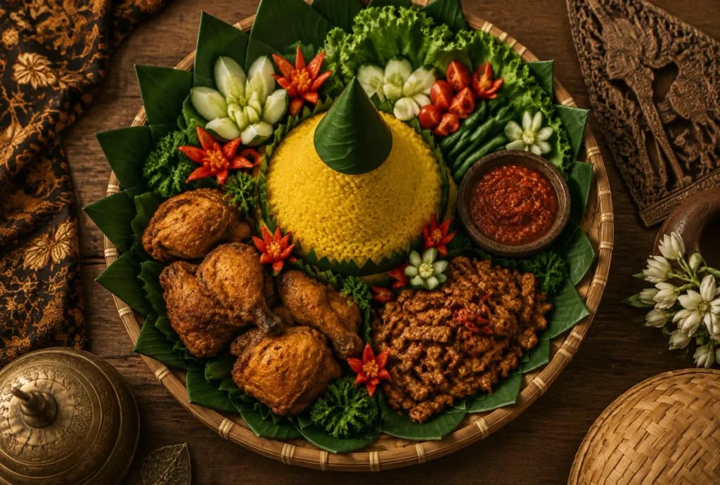 Indonesian Festive Nasi Tumpeng Flat Lay