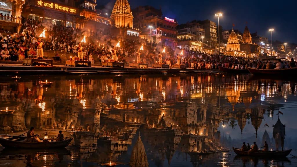 Dual-Timeline Varanasi Reflection at Aarti