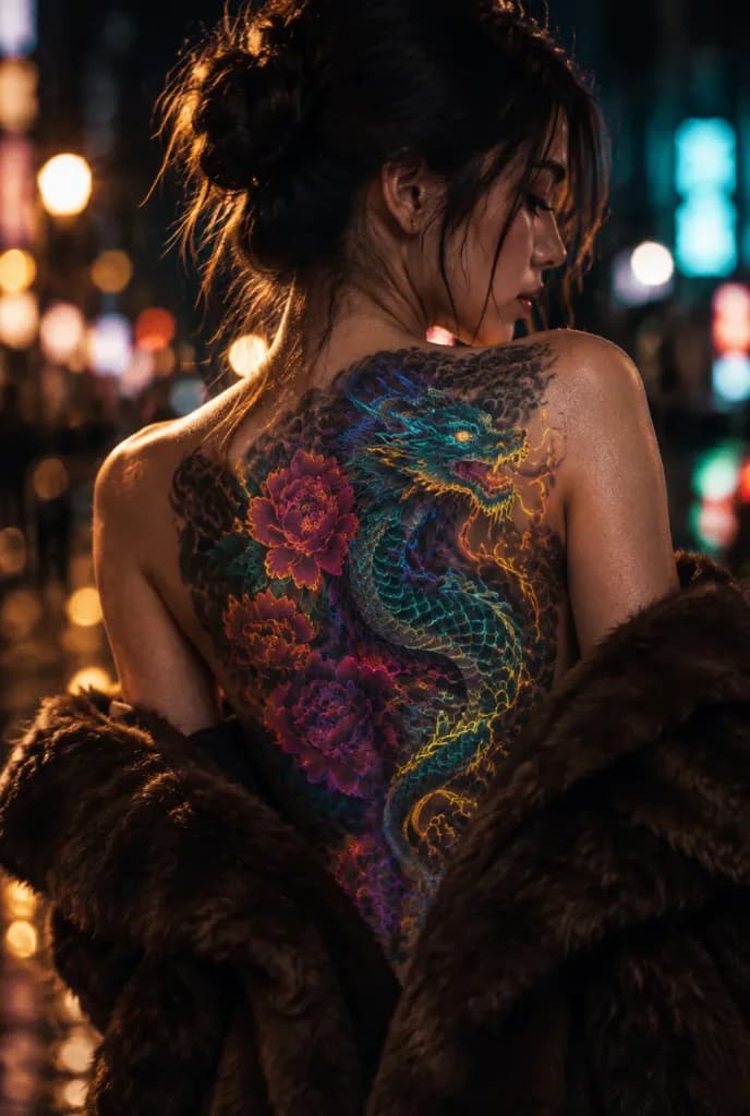 Neon Japanese Back Tattoo Portrait