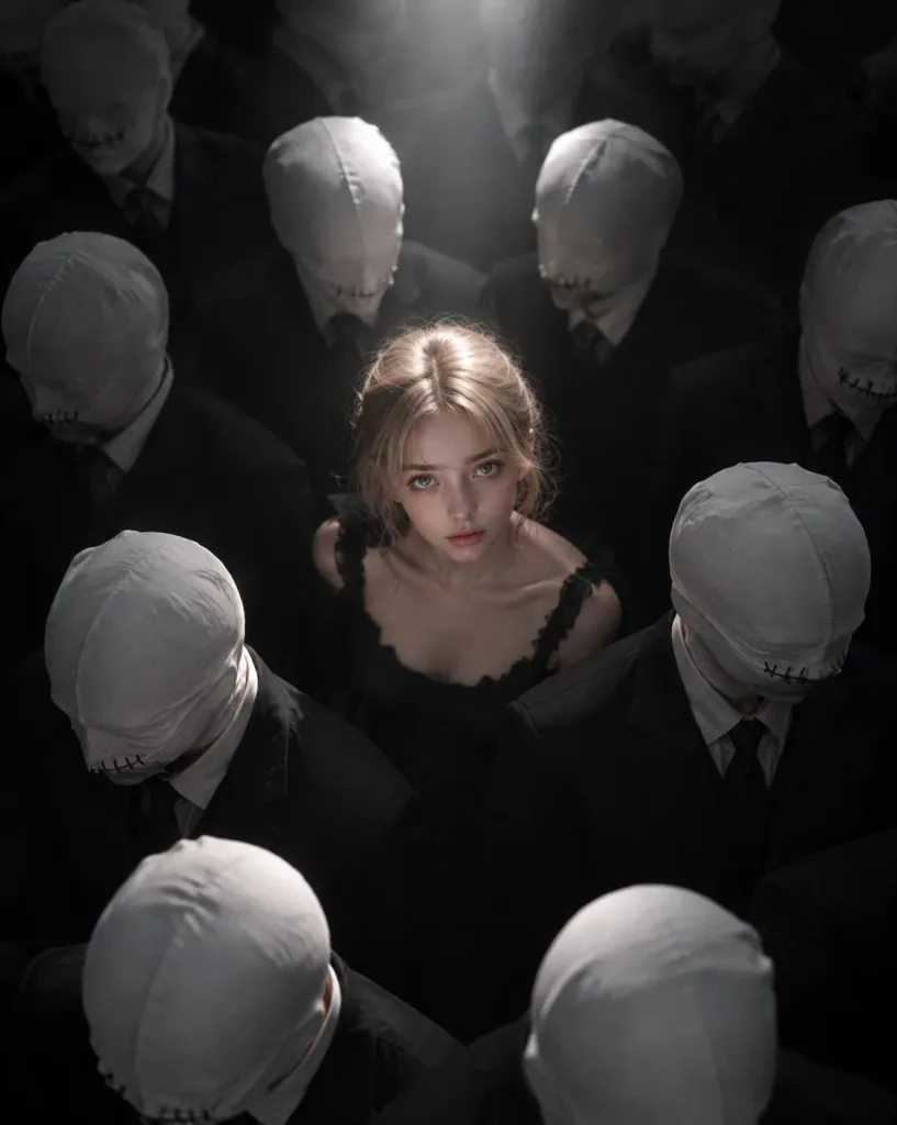 Dystopian Chiaroscuro Portrait in Masked Crowd