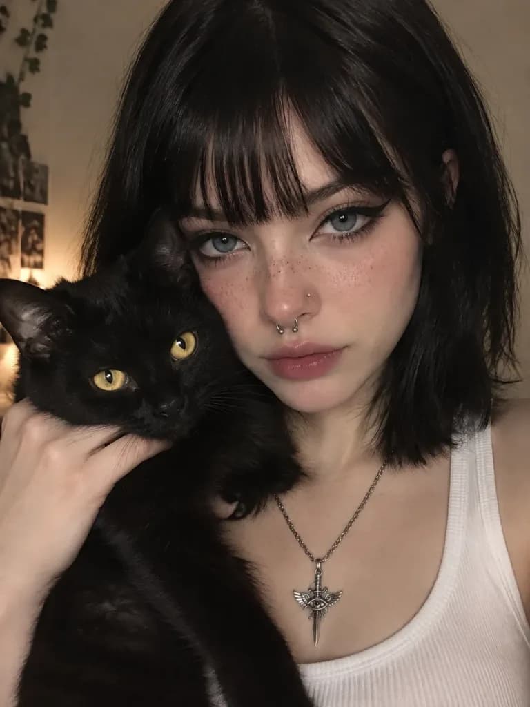 黒猫を抱くソフトグランジな女性ポートレート
