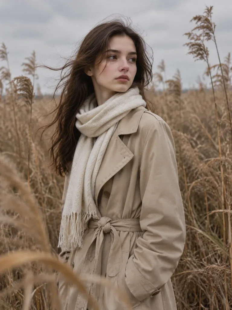 Donna in Trench Tra le Canne Secche