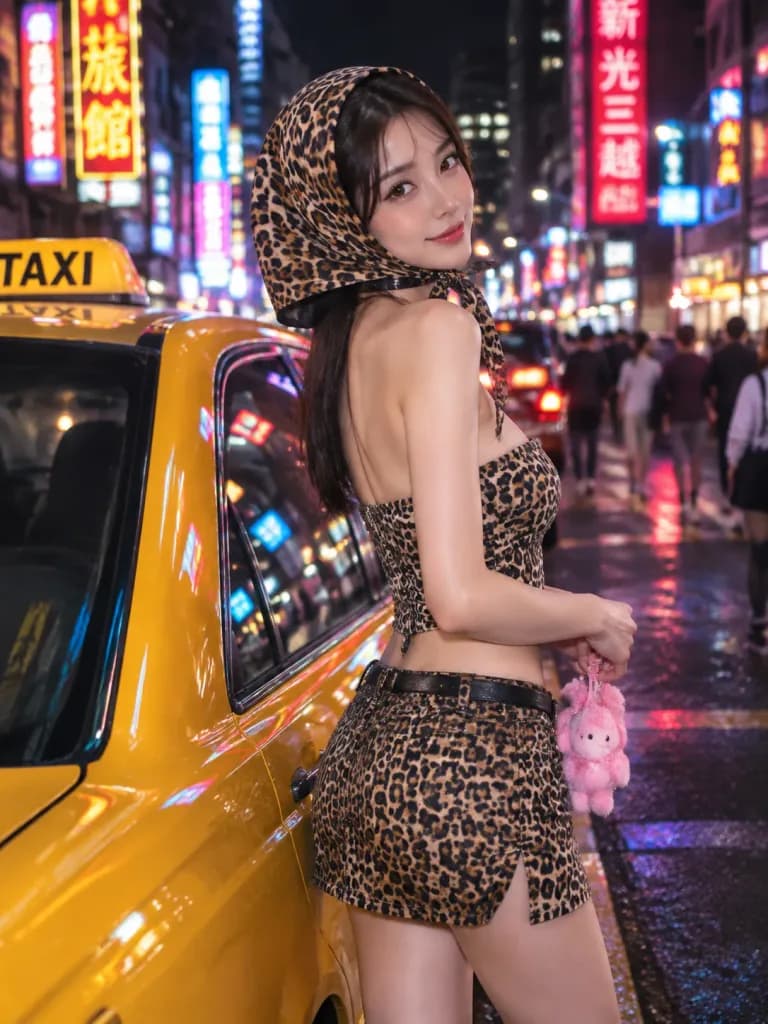 ネオン街のタクシーとファッションエディトリアル