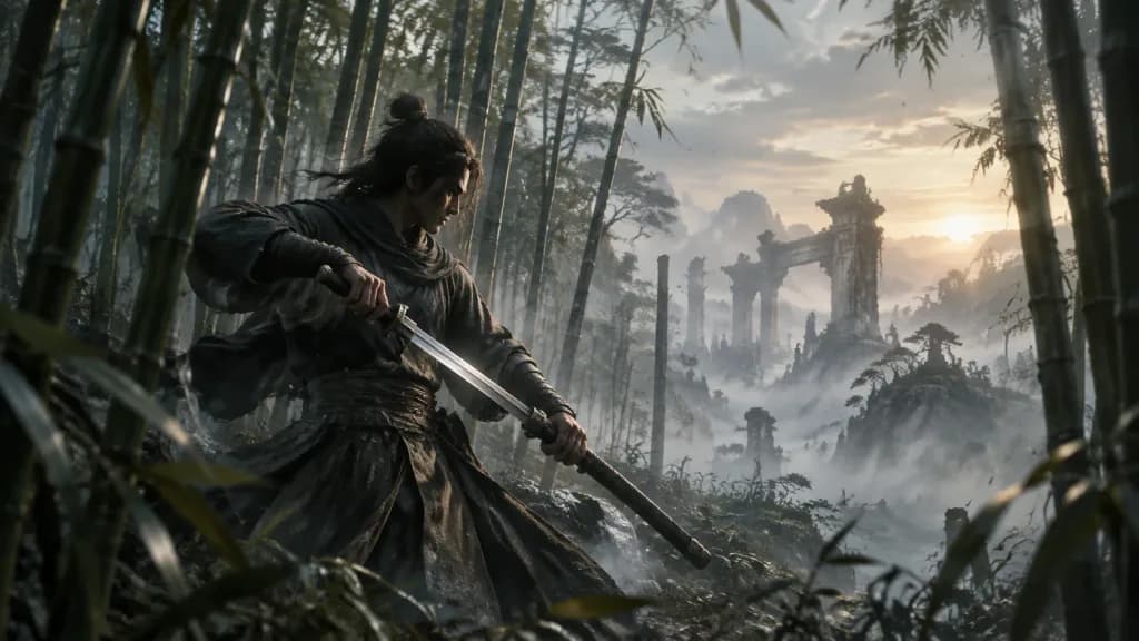 Swordsman in Mist and Bamboo Forest