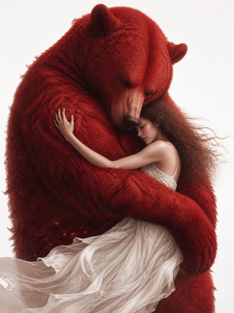 Woman Embracing a Massive Red Bear