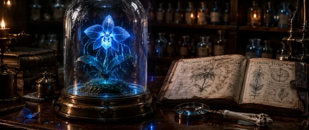 Steampunk Botanist Workbench with Bioluminescent Orchid
