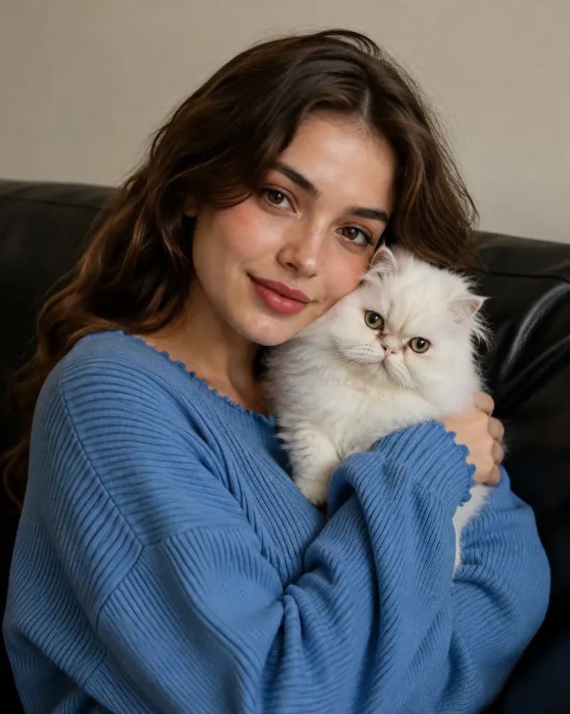 Woman Embracing a Persian Cat