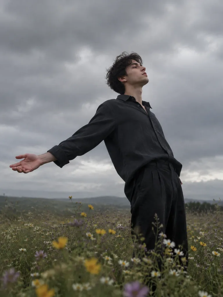 Dramatic Man in Wildflower Field