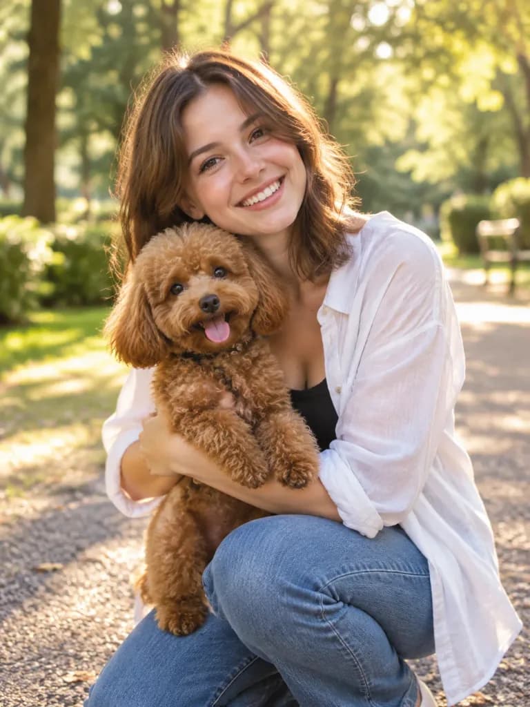 陽光公園中擁抱貴賓犬的女子