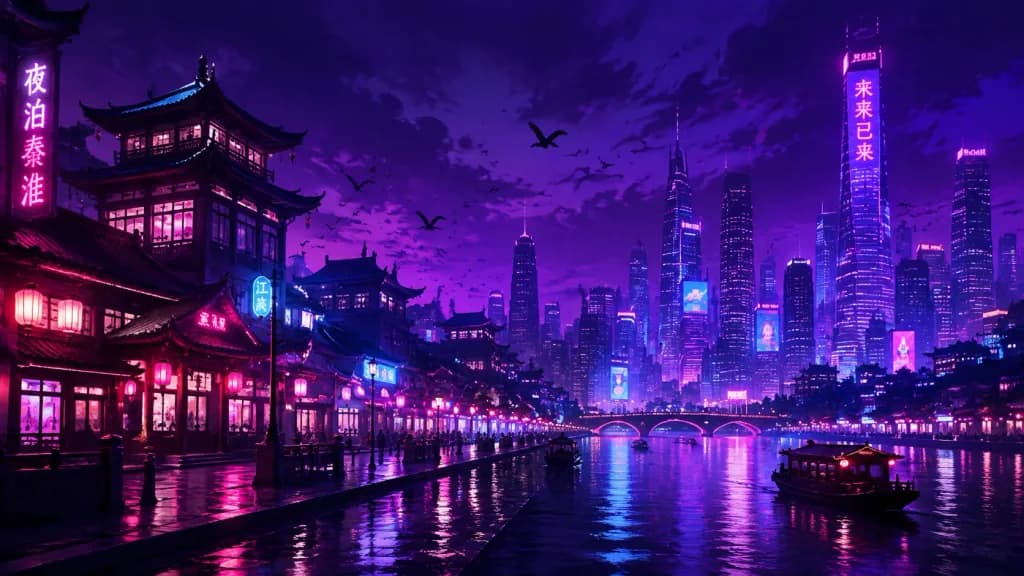 Paisaje Urbano Nocturno con Cielo Neón