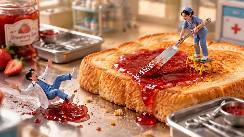 Miniature Medical Staff on Giant Toast