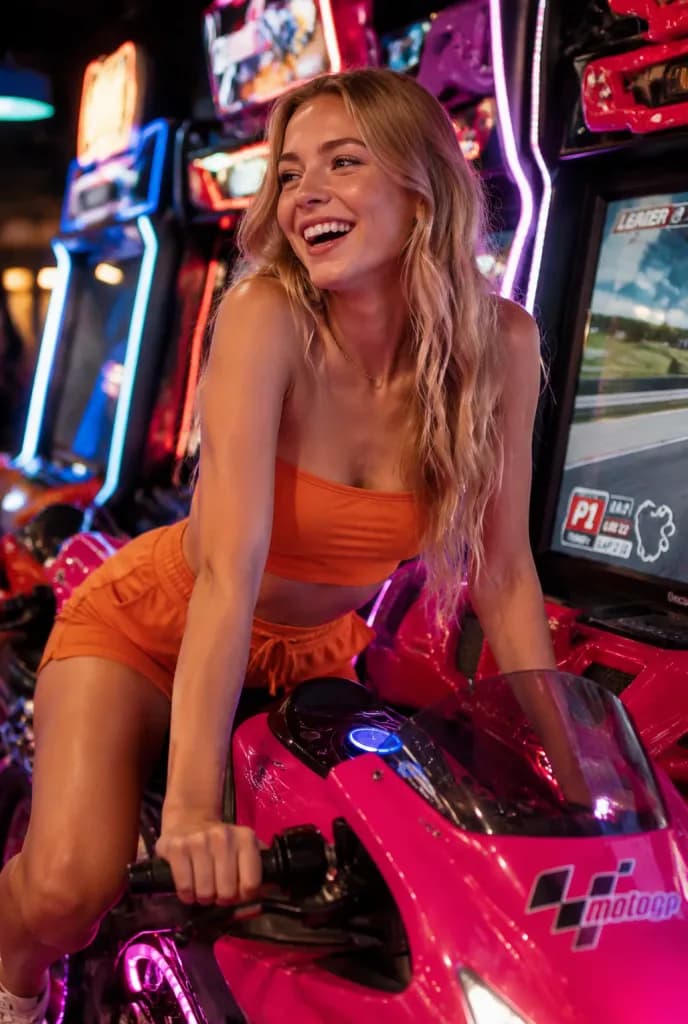 Young Woman on Arcade Racing Motorcycle