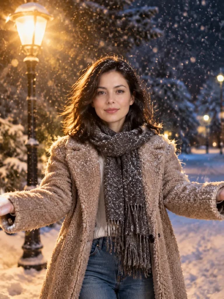 Joyful Snowfall Under Streetlamp Portrait