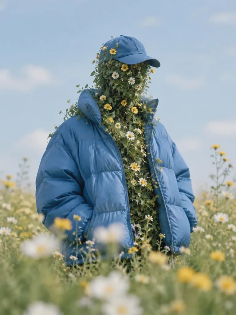 身穿羽絨外套的花卉植物人像