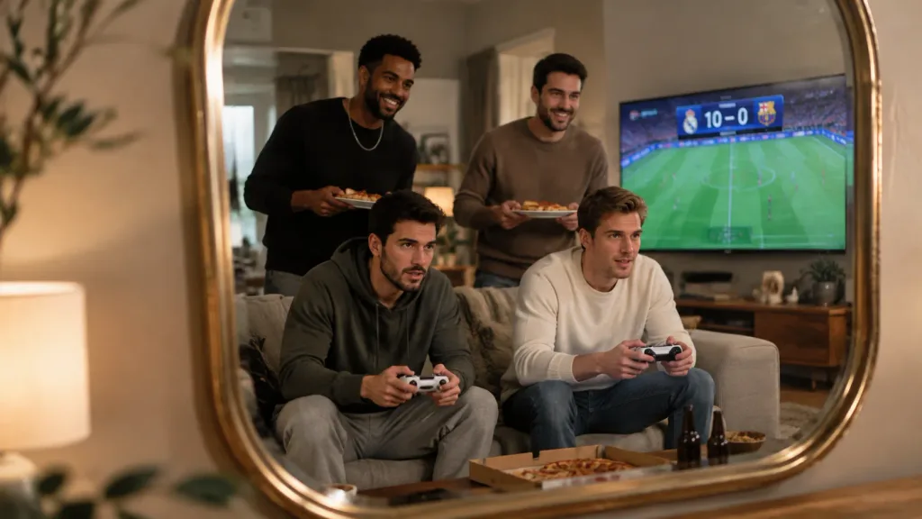 Friends Playing Video Games in Mirror View