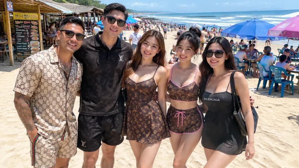 Friends in Designer Beachwear on Tropical Beach