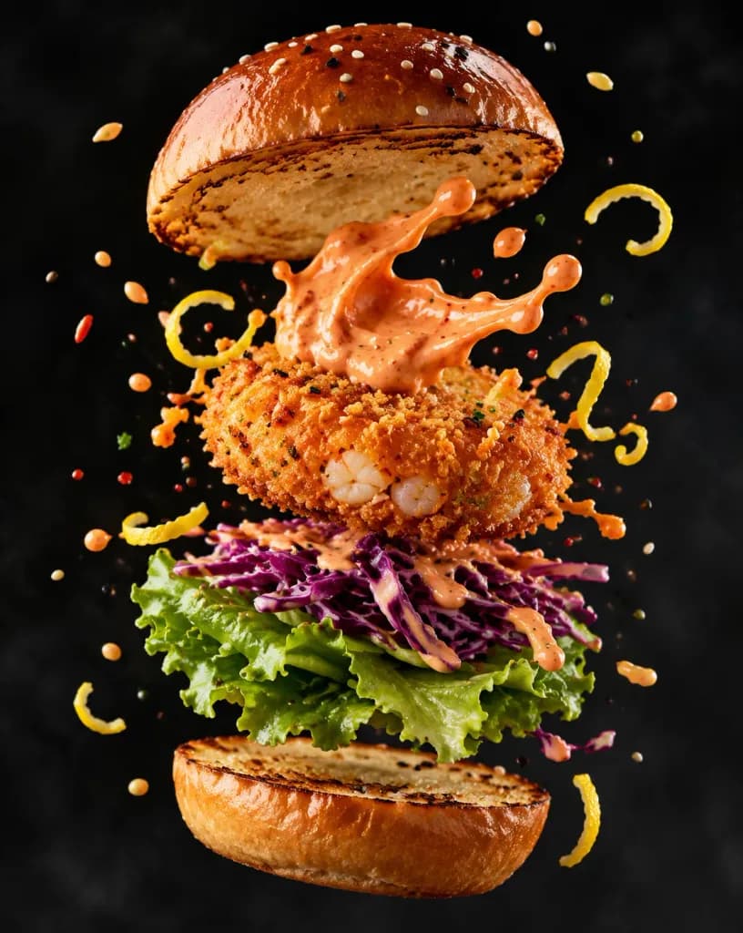Exploded Mid-Air Shrimp Burger Photography