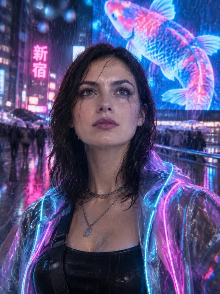 雨夜新宿的賽博龐克女性