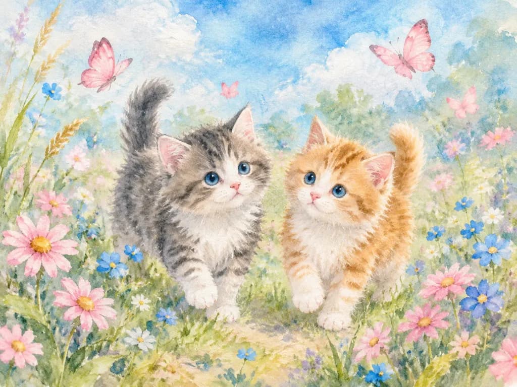 お花畑を歩く子猫たちの水彩画