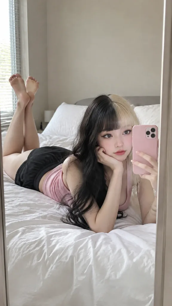 Bedroom Mirror Selfie with Split Hair
