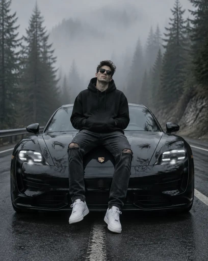 霧中山道上的豪車與男士肖像