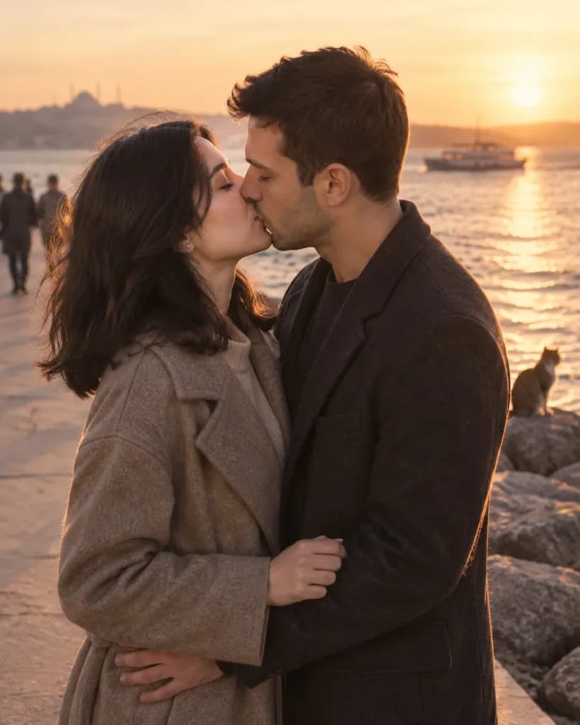 夕暮れのモダ海岸で交わす優しいキス