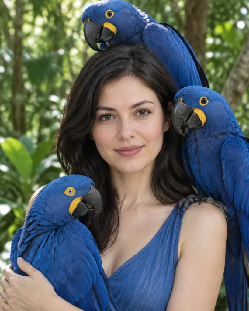 Editorial Portrait with Blue Macaws
