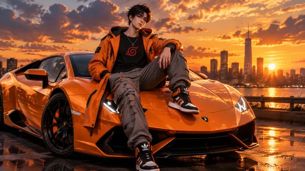 Streetwear Man on Orange Lamborghini at Sunset