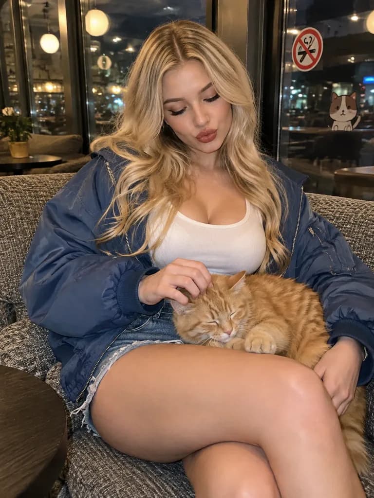 夜カフェで猫を撫でるスナップ写真
