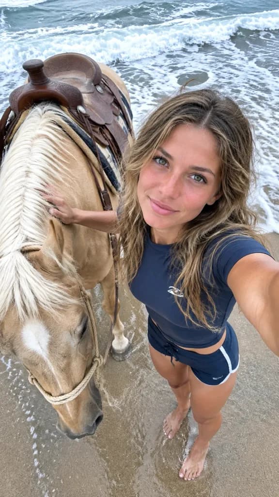 High-Angle Beach Selfie with Horse