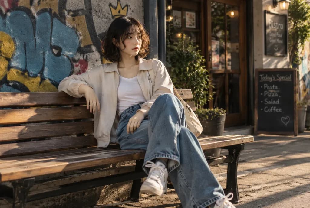 Woman Relaxing on Urban Bench