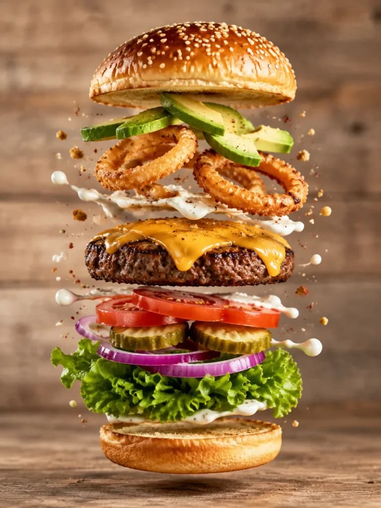 Floating Deconstructed Gourmet Burger Shot