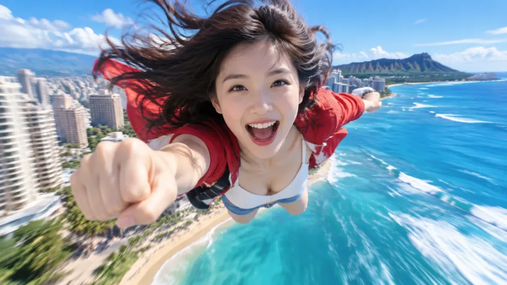 와이키키 해변 상공을 나는 여성